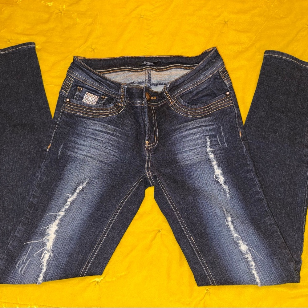 EUC Bootie Lifting Virgin Only VO Jeans Metallic Thread & Crystals Detail